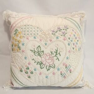Something Special Candlewicking Hand Embroidered Spring Throw Pillow Heart 80's